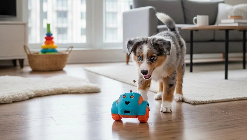 Щенок мини аусси играет с интерактивной игрушкой в квартире